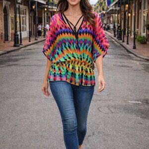 Forever 21 I Harlequin Diamond Chiffon Sheer Multi Colored Batwing Blous…